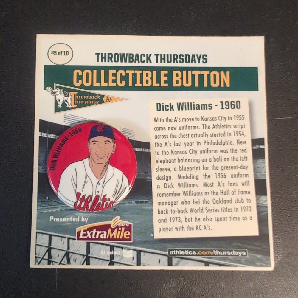 1960 Dick Williams Oakland Athletics A's Pin Back Button Throwback Thursdays SGA